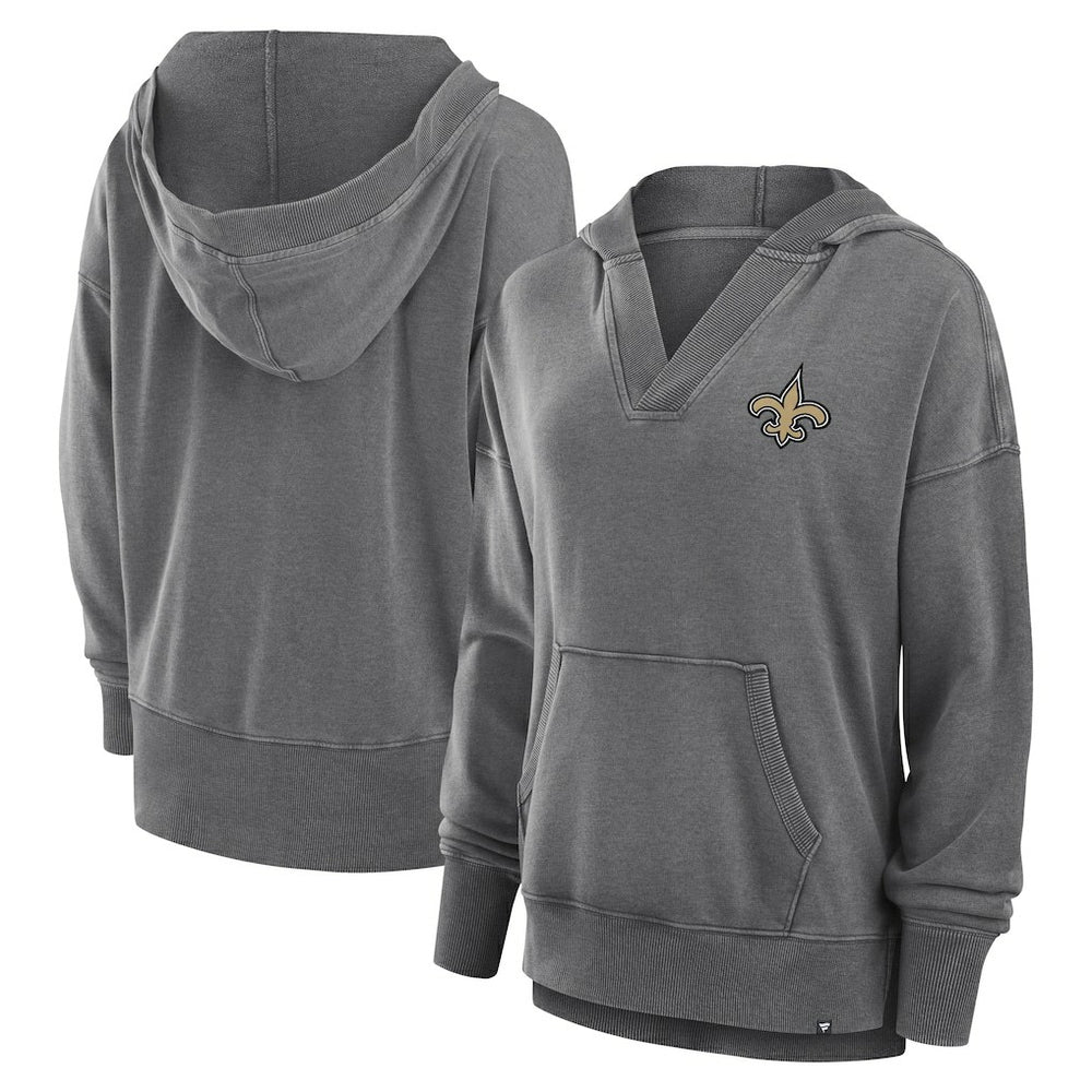 New Orleans Saints Women's Initiative Snow Wash French Terry V-Neck Pullover Hoodie - Heather Charcoal - Fanatics