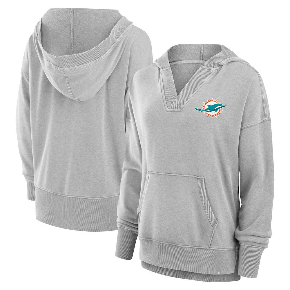 Miami Dolphins Women's Initiative Snow Wash French Terry V-Neck Pullover Hoodie - Heather Gray - Fanatics