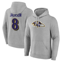 Lamar Jackson Baltimore Ravens Icon Player Name & Number Pullover Hoodie - Gray - NFL