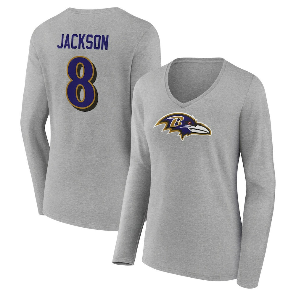 Lamar Jackson Baltimore Ravens Women's Icon Player Name & Number Long Sleeve V-Neck T-Shirt - Gray - NFL