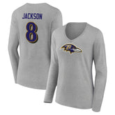Lamar Jackson Baltimore Ravens Women's Icon Player Name & Number Long Sleeve V-Neck T-Shirt - Gray - NFL