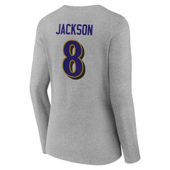 Lamar Jackson Baltimore Ravens Women's Icon Player Name & Number Long Sleeve V-Neck T-Shirt - Gray - NFL