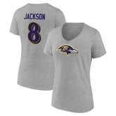 Lamar Jackson Baltimore Ravens Women's Icon Player Name & Number V-Neck T-Shirt - Gray - NFL