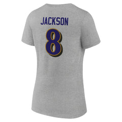 Lamar Jackson Baltimore Ravens Women's Icon Player Name & Number V-Neck T-Shirt - Gray - NFL