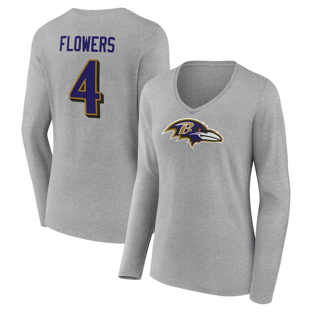Zay Flowers Baltimore Ravens Women's Icon Player Name & Number Long Sleeve V-Neck T-Shirt - Gray - NFL
