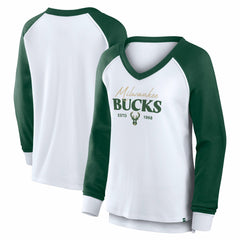 Fanatics Milwaukee Bucks Women's Open Lane Waffle Long Sleeve V-Neck T-Shirt White