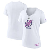 New Jersey Devils Fanatics Women's 2024 Hockey Fights Cancer V-Neck T-Shirt - White | Fanatics Lifestyle