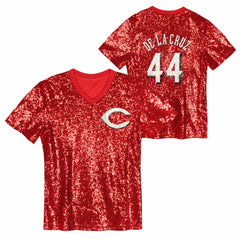Elly De La Cruz Cincinnati Reds Juniors Name & Number Sequin V-Neck Top Online