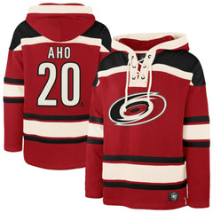 Sebastian Aho Carolina Hurricanes '47 Player Name & Number Lacer Pullover Hoodie - Red | 47 brand near me