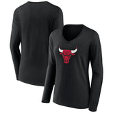 Chicago Bulls Women's Primary Logo Long Sleeve V-Neck T-Shirt Black
