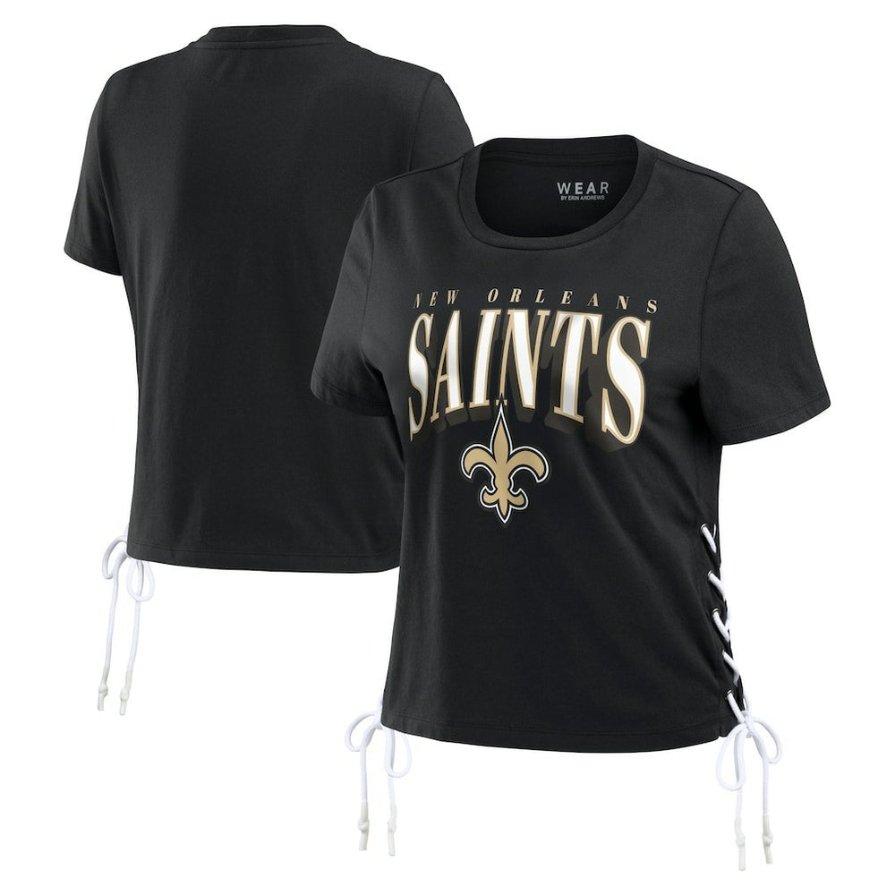 New Orleans Saints WEAR by Erin Andrews Women's Lace Up Side Modest Cropped T-Shirt - Black - NFL