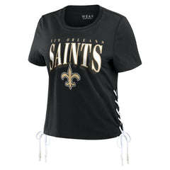 New Orleans Saints WEAR by Erin Andrews Women's Lace Up Side Modest Cropped T-Shirt - Black - NFL