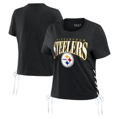 Pittsburgh Steelers WEAR by Erin Andrews Women's Lace Up Side Modest Cropped T-Shirt - Black - NFL