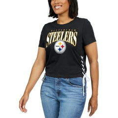 Pittsburgh Steelers WEAR by Erin Andrews Women's Lace Up Side Modest Cropped T-Shirt - Black - NFL