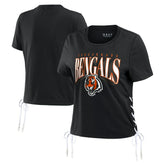 Cincinnati Bengals WEAR by Erin Andrews Women's Lace Up Side Modest Cropped T-Shirt - Black - NFL