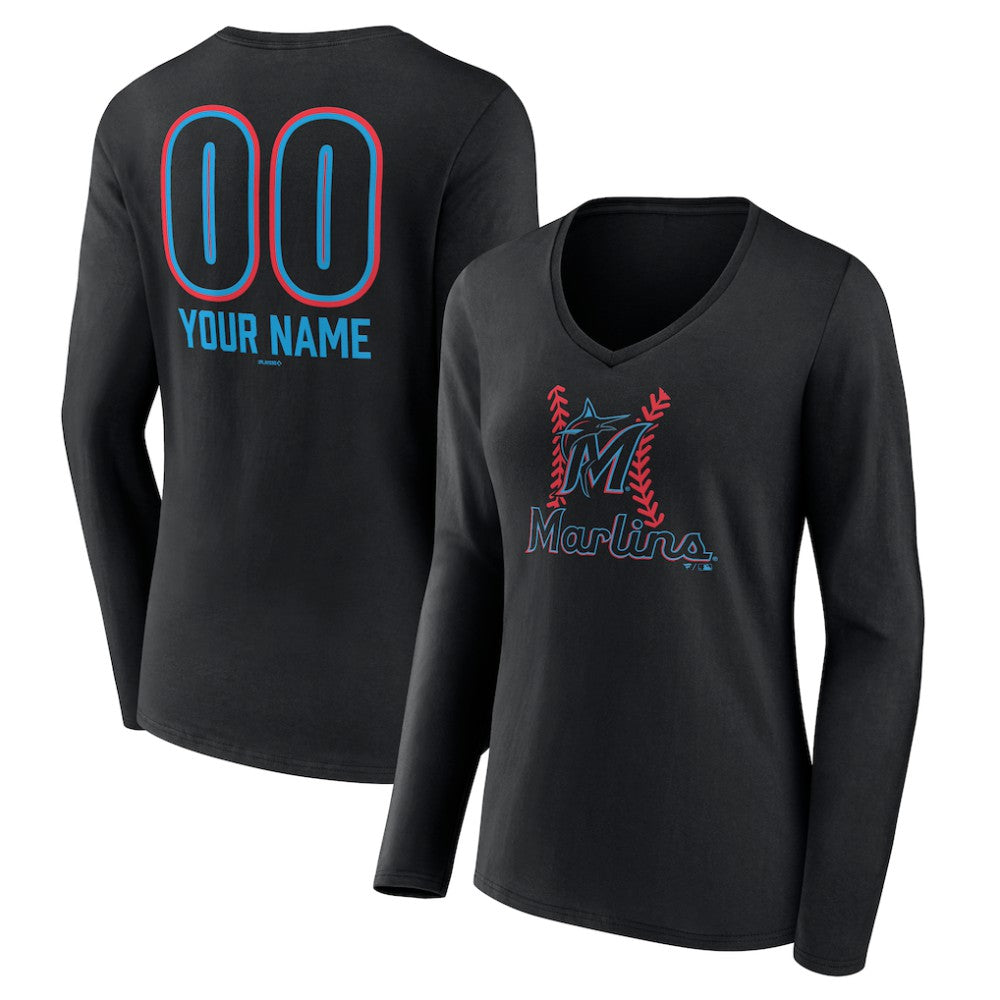 Miami Marlins Women's Personalized Name & Number Fastball Long Sleeve V-Neck T-Shirt Online