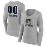 Milwaukee Brewers Women's Personalized Name & Number Fastball Long Sleeve V-Neck T-Shirt Near Me
