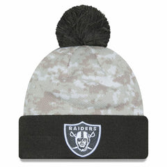 Las Vegas Raiders New Era 2024 Salute To Service Digital Camo Cuffed Knit Hat with Pom - White/Graphite - NFL