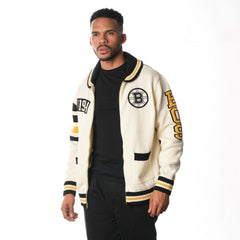 Boston Bruins The Wild Collective Unisex Jacquard Full-Zip Sweater - Cream | NHL Clearance