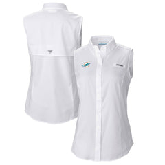 Miami Dolphins Women's PFG Tamiami Omni-Shade Sleeveless Button-Up Shirt - White - Columbia