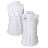 Pittsburgh Steelers Women's PFG Tamiami Omni-Shade Sleeveless Button-Up Shirt - White - Columbia
