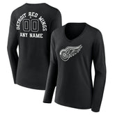 Detroit Red Wings Women's Personalized Name & Number Monochrome Long Sleeve V-Neck T-Shirt - Black | NHL online