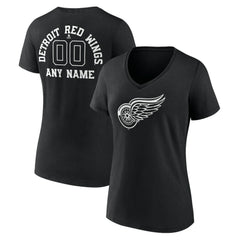 Detroit Red Wings Women's Personalized Name & Number Monochrome V-Neck T-Shirt - Black | NHL Clearance