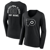 Philadelphia Flyers Women's Personalized Name & Number Monochrome Long Sleeve V-Neck T-Shirt - Black | NHL Lifestyle
