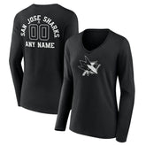 San Jose Sharks Women's Personalized Name & Number Monochrome Long Sleeve V-Neck T-Shirt - Black | NHL Lifestyle