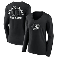 San Jose Sharks Women's Personalized Name & Number Monochrome Long Sleeve V-Neck T-Shirt - Black | NHL Lifestyle