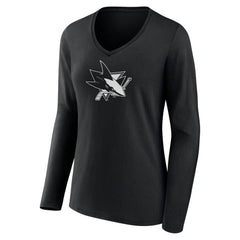 San Jose Sharks Women's Personalized Name & Number Monochrome Long Sleeve V-Neck T-Shirt - Black | NHL Lifestyle