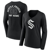 Seattle Kraken Women's Personalized Name & Number Monochrome Long Sleeve V-Neck T-Shirt - Black | NHL Clearance