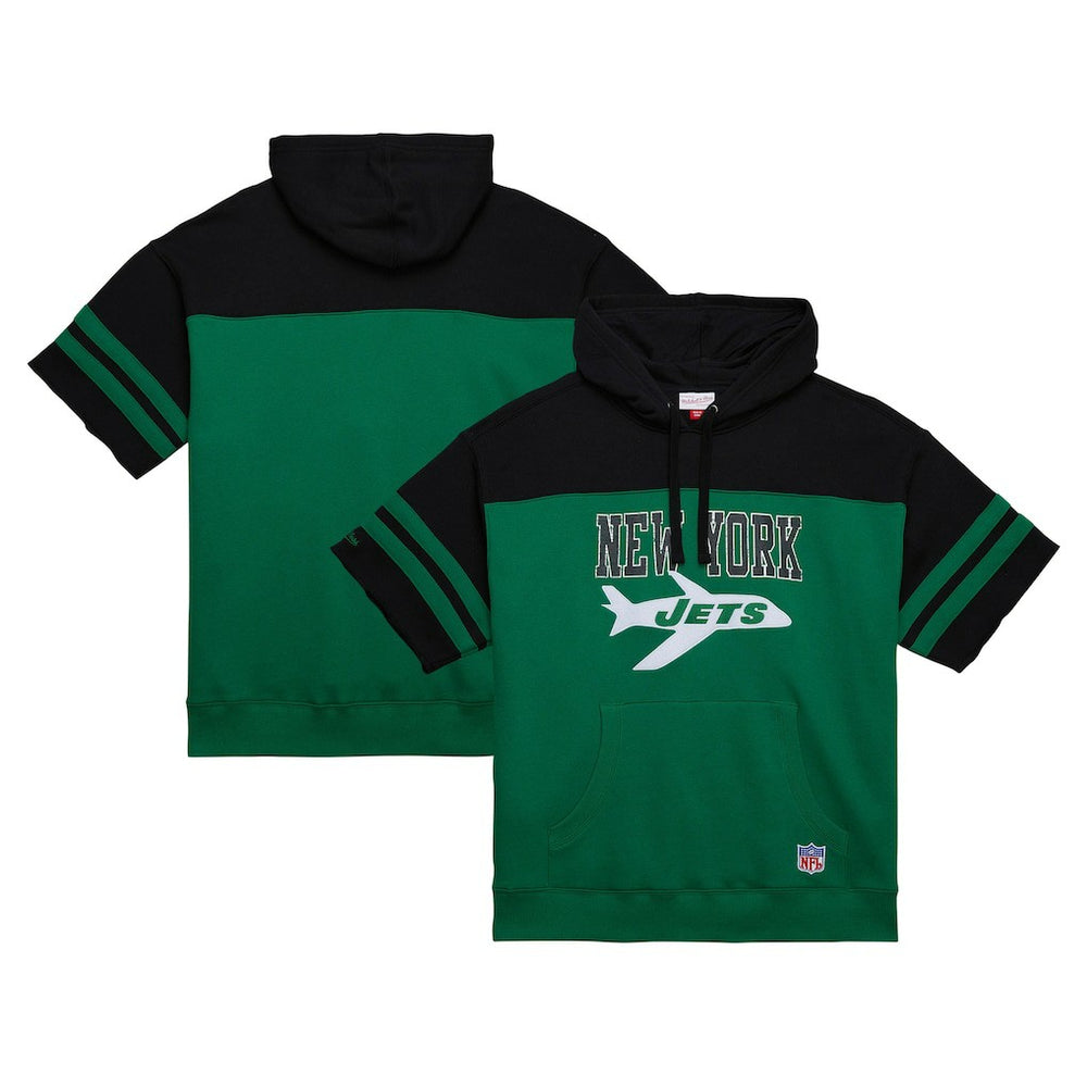 New York Jets Off Field Vintage Logo Short Sleeve Pullover Hoodie - Kelly Green - Mitchell & Ness