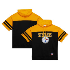 Pittsburgh Steelers Off Field Vintage Logo Short Sleeve Pullover Hoodie - Black - Mitchell & Ness