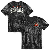 Cincinnati Bengals Girls Youth Wordmark Sequin V-Neck Top - Black - NFL