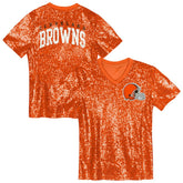 Cleveland Browns Girls Youth Wordmark Sequin V-Neck Top - Orange - NFL