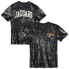 Jacksonville Jaguars Girls Youth Wordmark Sequin V-Neck Top - Black - NFL
