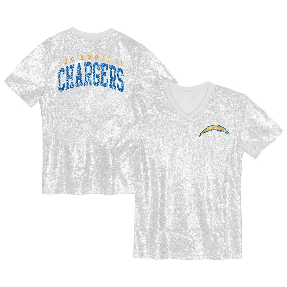 Los Angeles Chargers Girls Youth Wordmark Sequin V-Neck Top - White - NFL