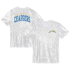 Los Angeles Chargers Girls Youth Wordmark Sequin V-Neck Top - White - NFL
