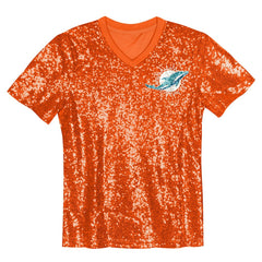 Miami Dolphins Girls Youth Wordmark Sequin V-Neck Top - Orange - NFL