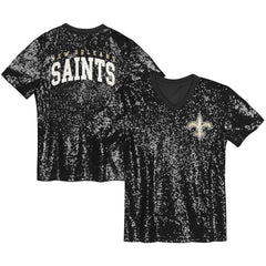 New Orleans Saints Girls Youth Wordmark Sequin V-Neck Top - Black - NFL