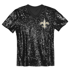 New Orleans Saints Girls Youth Wordmark Sequin V-Neck Top - Black - NFL