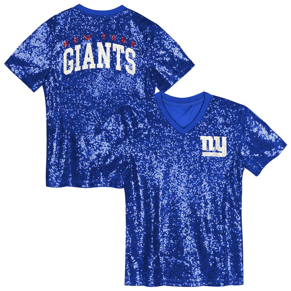 New York Giants Girls Youth Wordmark Sequin V-Neck Top - Royal - NFL