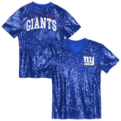 New York Giants Girls Youth Wordmark Sequin V-Neck Top - Royal - NFL