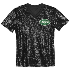 New York Jets Girls Youth Wordmark Sequin V-Neck Top - Black - NFL