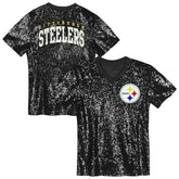 Pittsburgh Steelers Girls Youth Wordmark Sequin V-Neck Top - Black - NFL