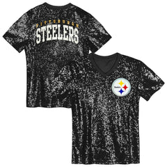Pittsburgh Steelers Girls Youth Wordmark Sequin V-Neck Top - Black - NFL