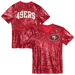 San Francisco 49ers Girls Youth Wordmark Sequin V-Neck Top - Scarlet - NFL