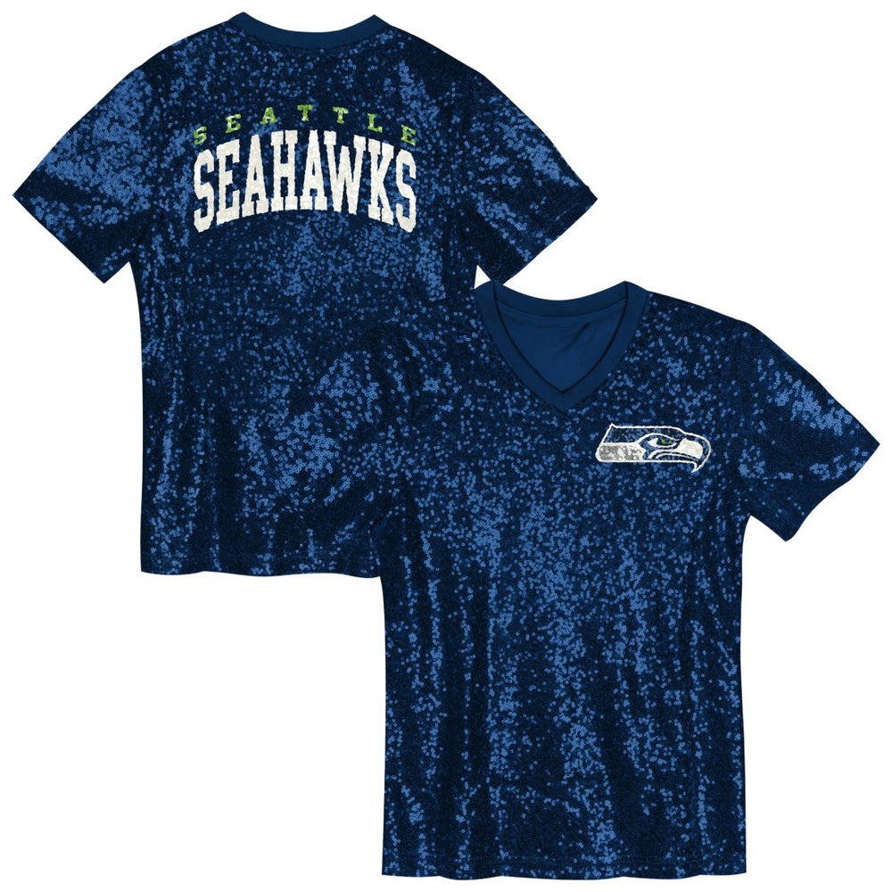 Seattle Seahawks Girls Youth Wordmark Sequin V-Neck Top - College Navy - NFL