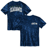 Seattle Seahawks Girls Youth Wordmark Sequin V-Neck Top - College Navy - NFL